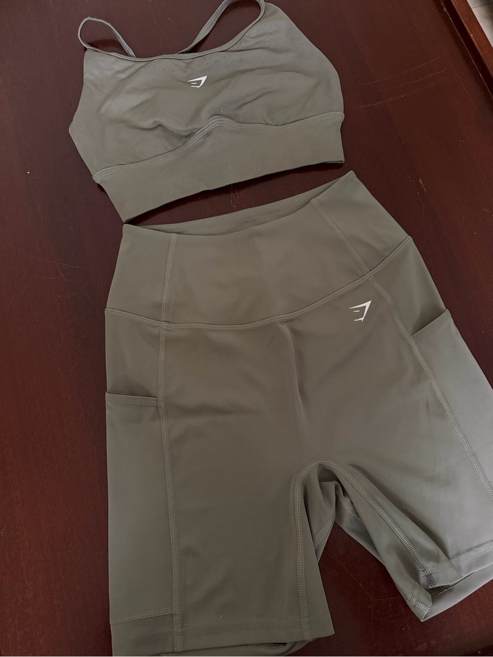 Gymshark Olive High-Rise Pocket Bike Shorts with Matching Sports Bra